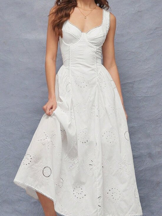 Dresses & Skirts - White Elegant Women's Embroidered Ruffle Sides Fit & Flare Sleeveless Midi Dress
